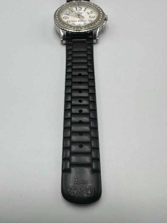 Juicy Couture Watch Women Silver Tone Crystal Bezel Black Silicone Band 8.5\